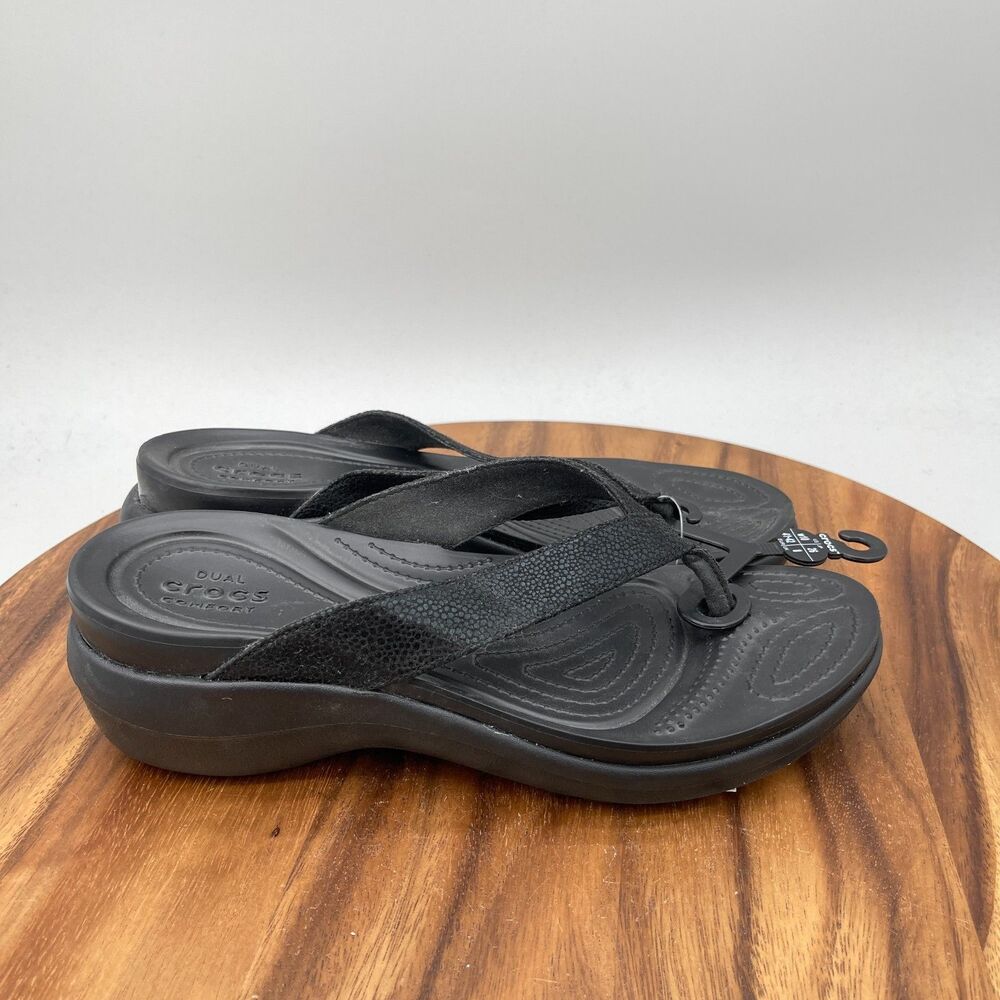 NWT Crocs Capri Sandals Womens Size 10 Black Metallic Wedge Flip Flops Casual